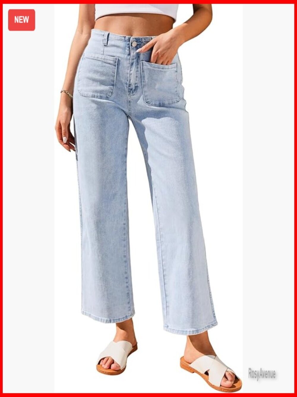 High Waisted Wide Leg Cropped Jeans Stretchy Denim Pants with Pockets